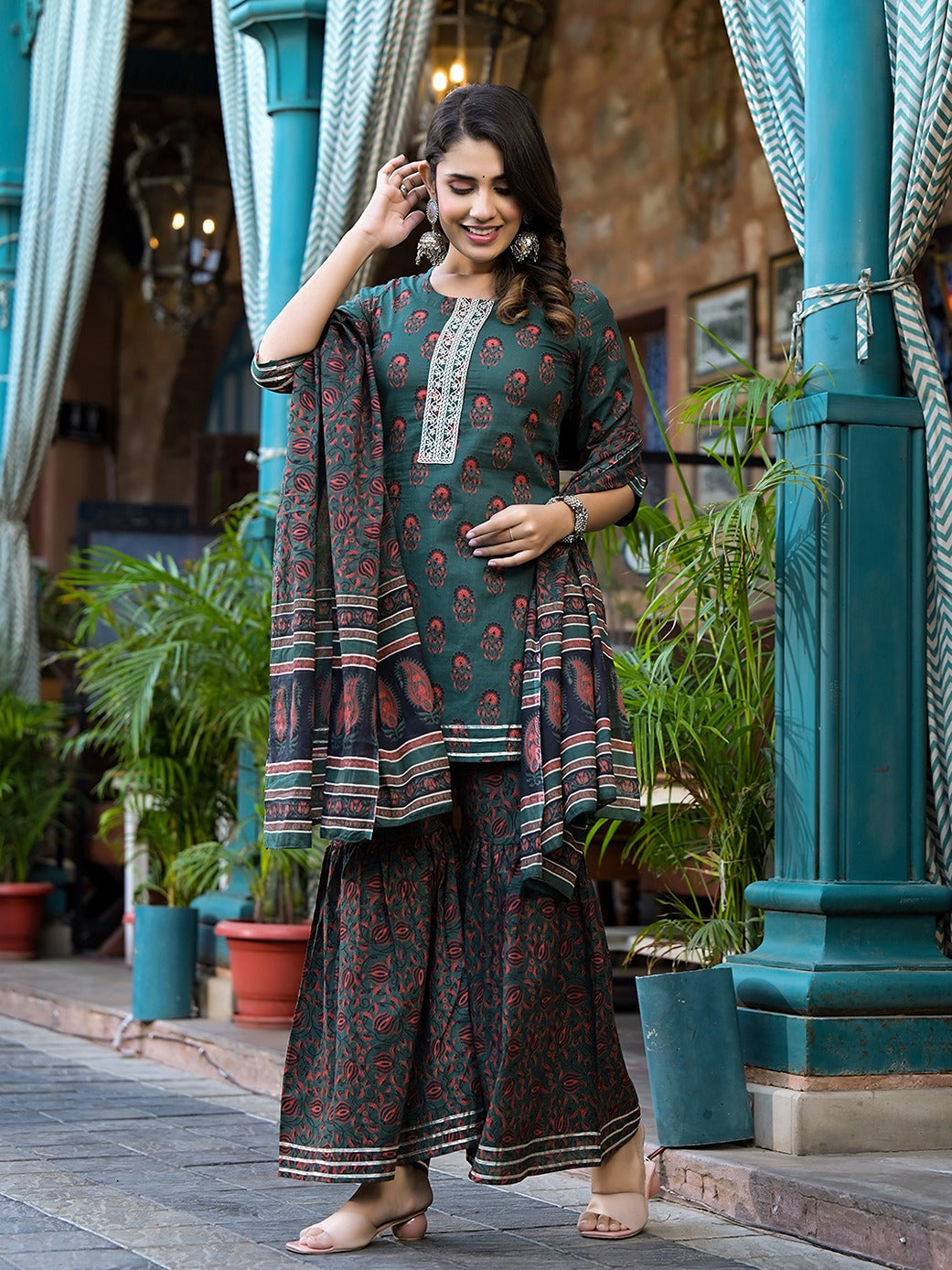 Green Floral Zari_Work Kurta Sharara With Dupatta Set-Yufta Store-1725SKDGRS