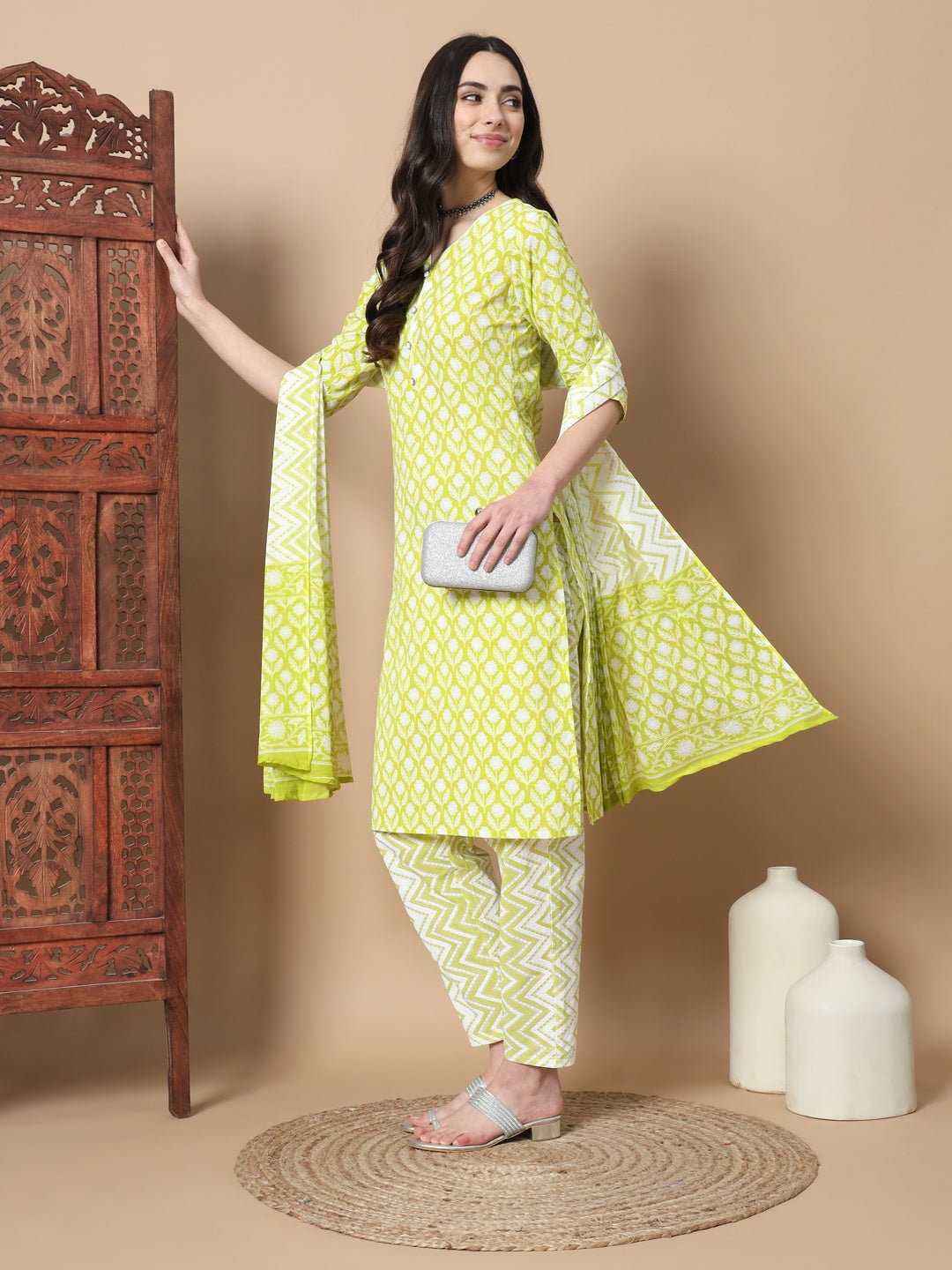 Green Floral,Piping On Yoke Straight Kurta Trouser And Dupatta Set