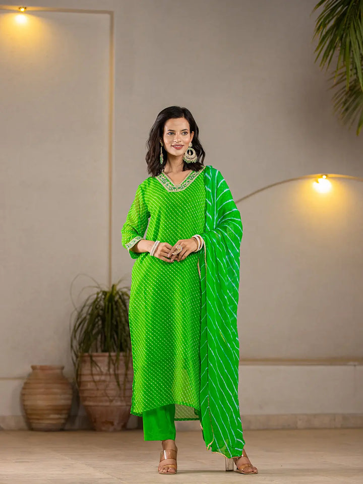 Green Georgette Lehriya Kurta Duptta Set-Yufta Store-6988SKDGRS