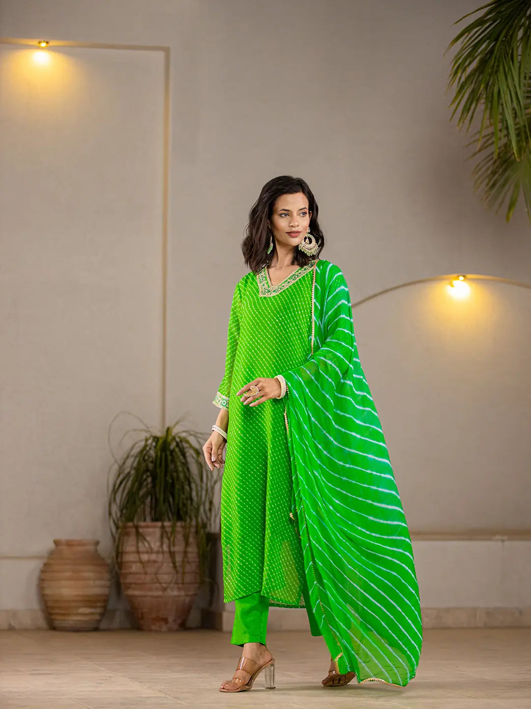 Green Georgette Lehriya Kurta Duptta Set-Yufta Store-6988SKDGRS