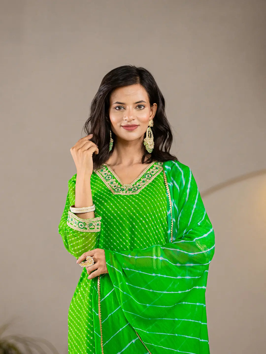 Green Georgette Lehriya Kurta Duptta Set-Yufta Store-6988SKDGRS