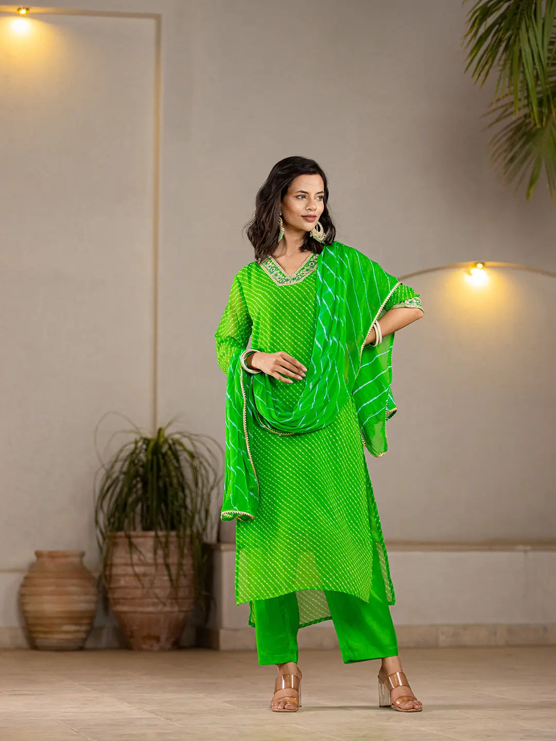 Green Georgette Lehriya Kurta Duptta Set-Yufta Store-6988SKDGRS