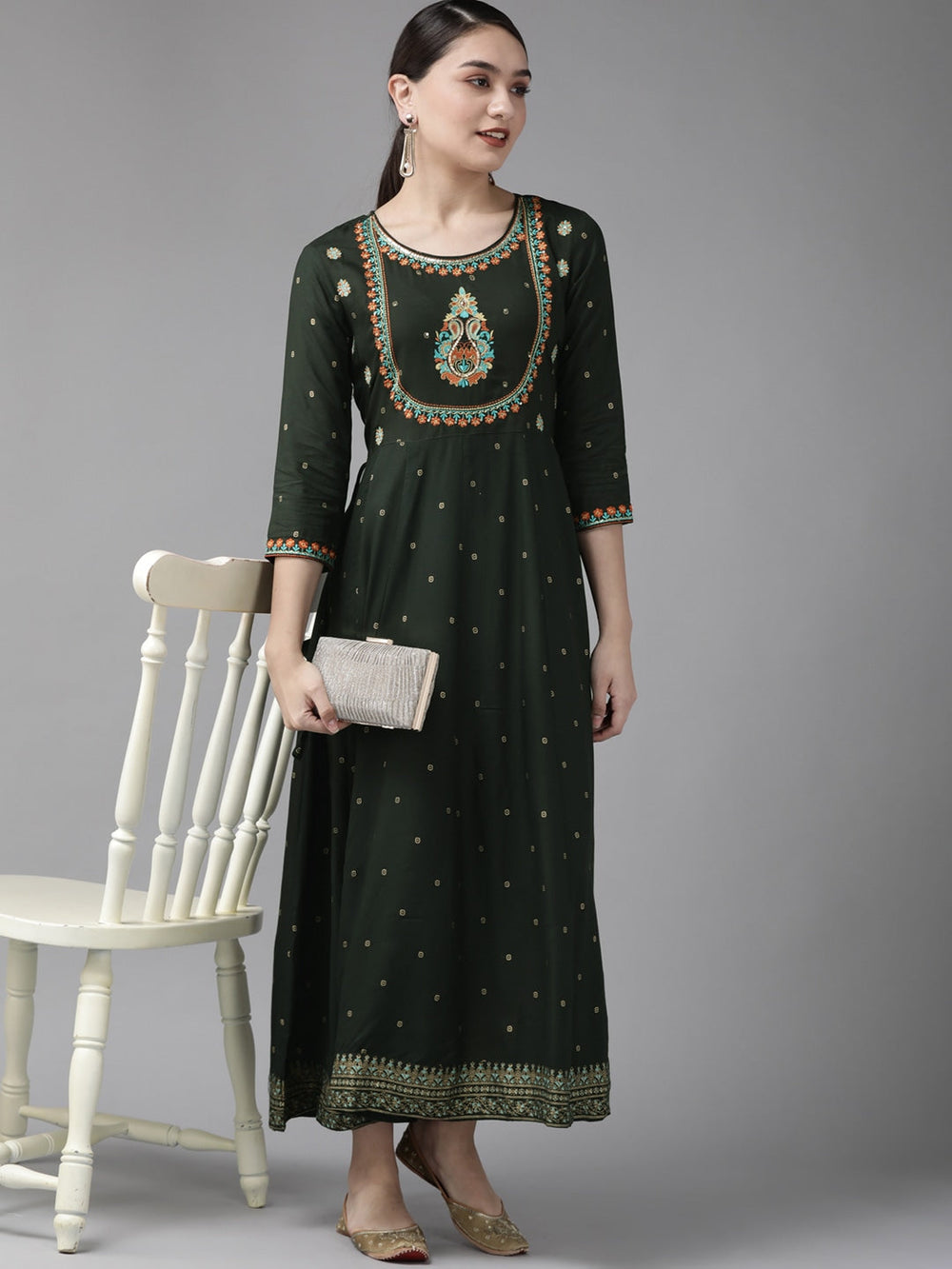 Green & Golden Printed Dress-Yufta Store-4101DRSGRS