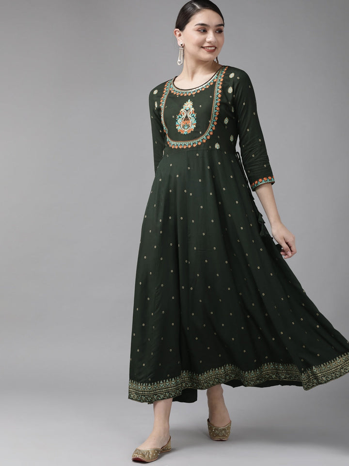 Green & Golden Printed Dress-Yufta Store-4101DRSGRS