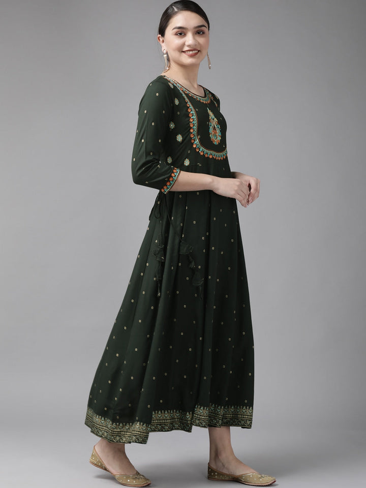 Green & Golden Printed Dress-Yufta Store-4101DRSGRS