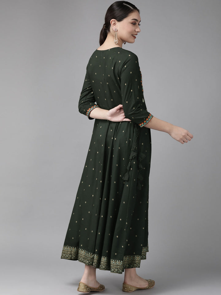 Green & Golden Printed Dress-Yufta Store-4101DRSGRS