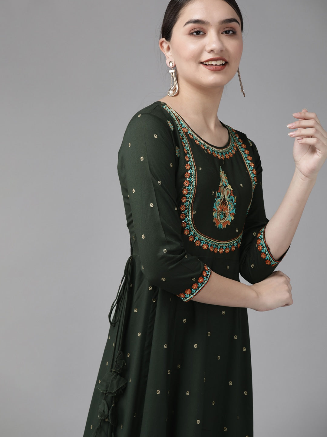 Green & Golden Printed Dress-Yufta Store-4101DRSGRS