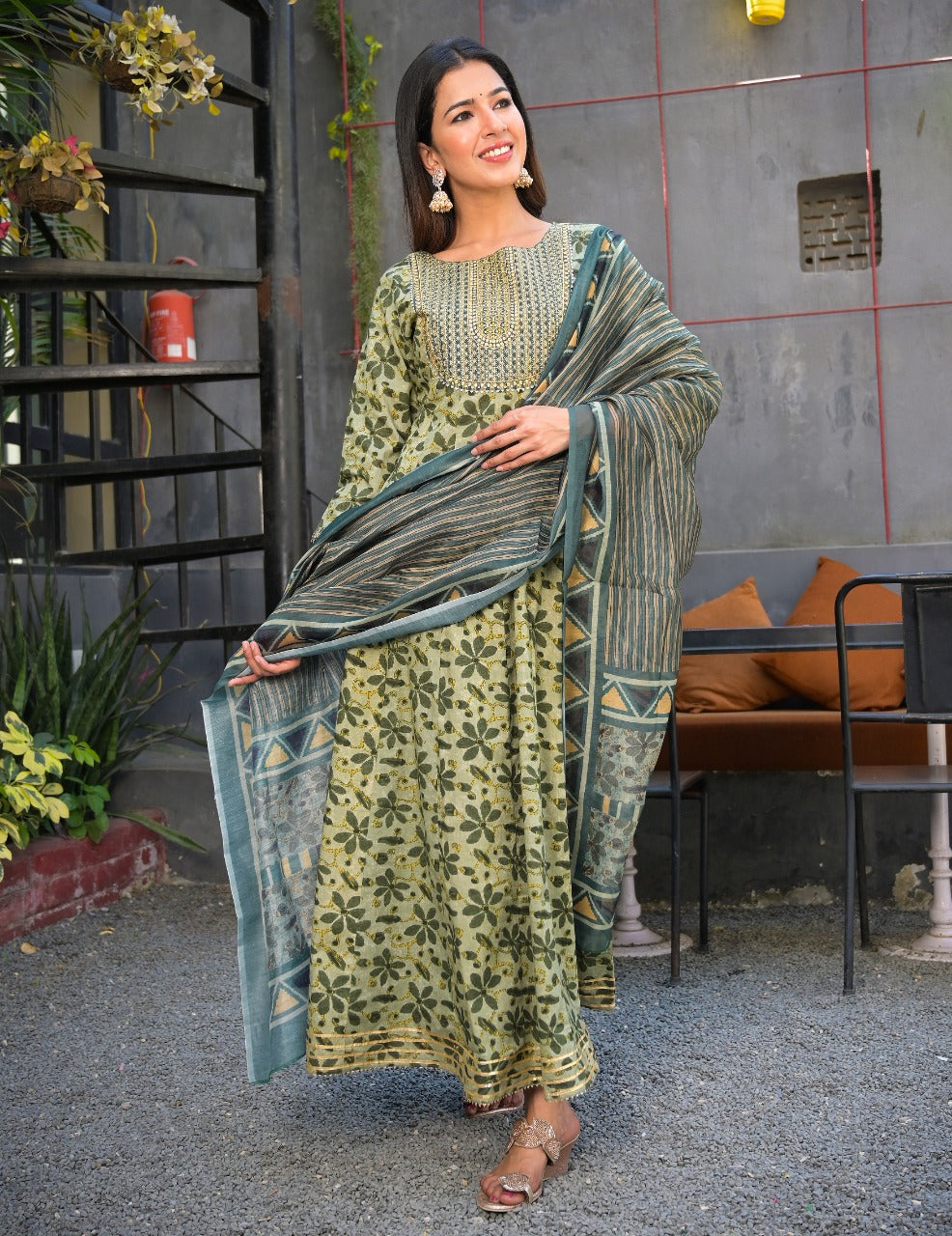 Green Hand block A-Line Dupatta Set-Yufta Store-2325SKDGRM