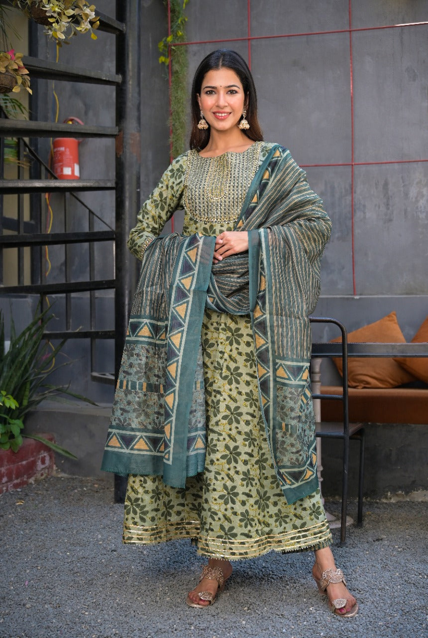 Green Hand block A-Line Dupatta Set-Yufta Store-2325SKDGRM