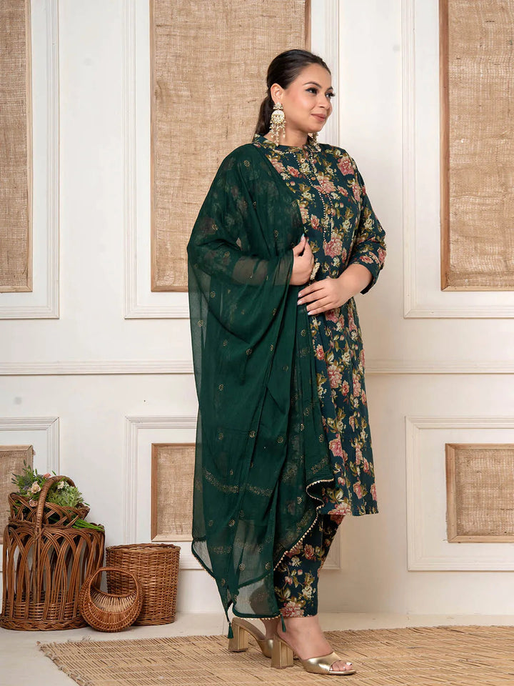 Green Kantha_Work Cotton Plus Size Kurta And Pant With Dupatta Set-Yufta Store-6820PSKDGR3XL