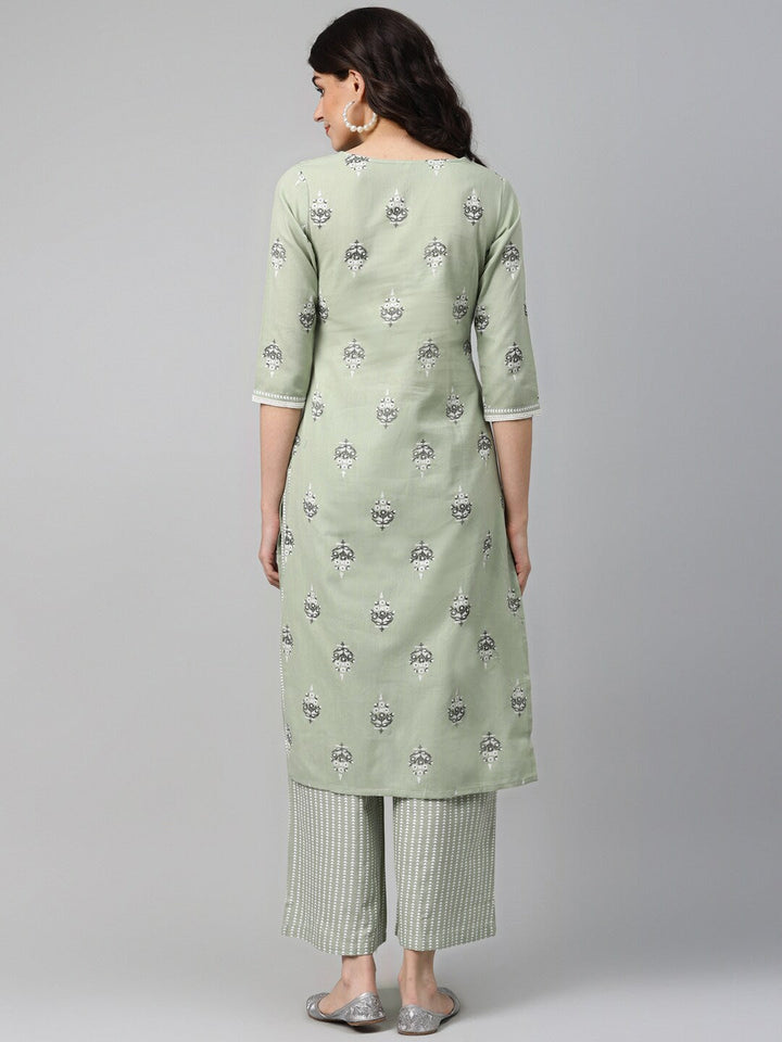 Green Kurta Printed Set-Yufta Store-7849SETGRS