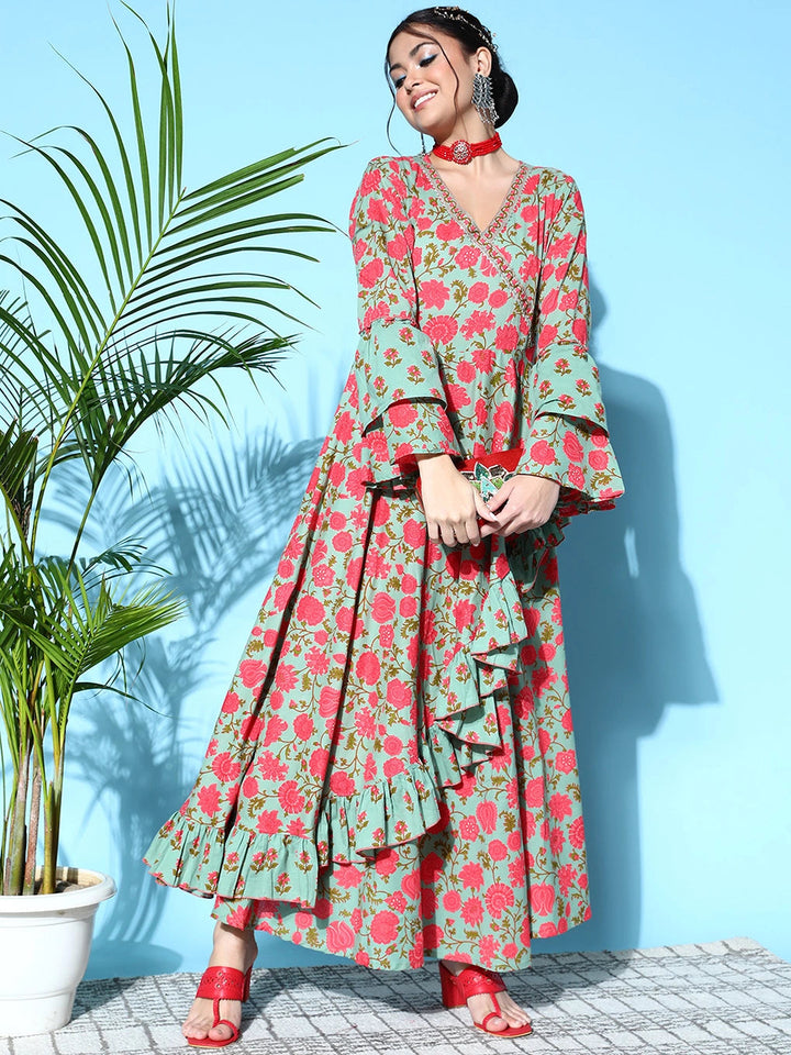 Green Layered Cotton Maxi Dress-Yufta Store-9618DRSSGS