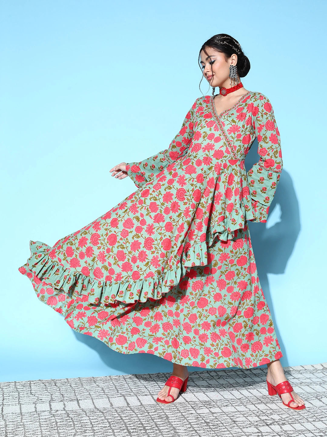Green Layered Cotton Maxi Dress-Yufta Store-9618DRSSGS