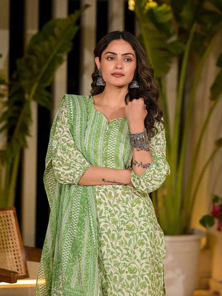 Green Leaf Print Piping On Yoke Straight Kurta With Trousers And Dupatta Set-Yufta Store-6839SKDGRS