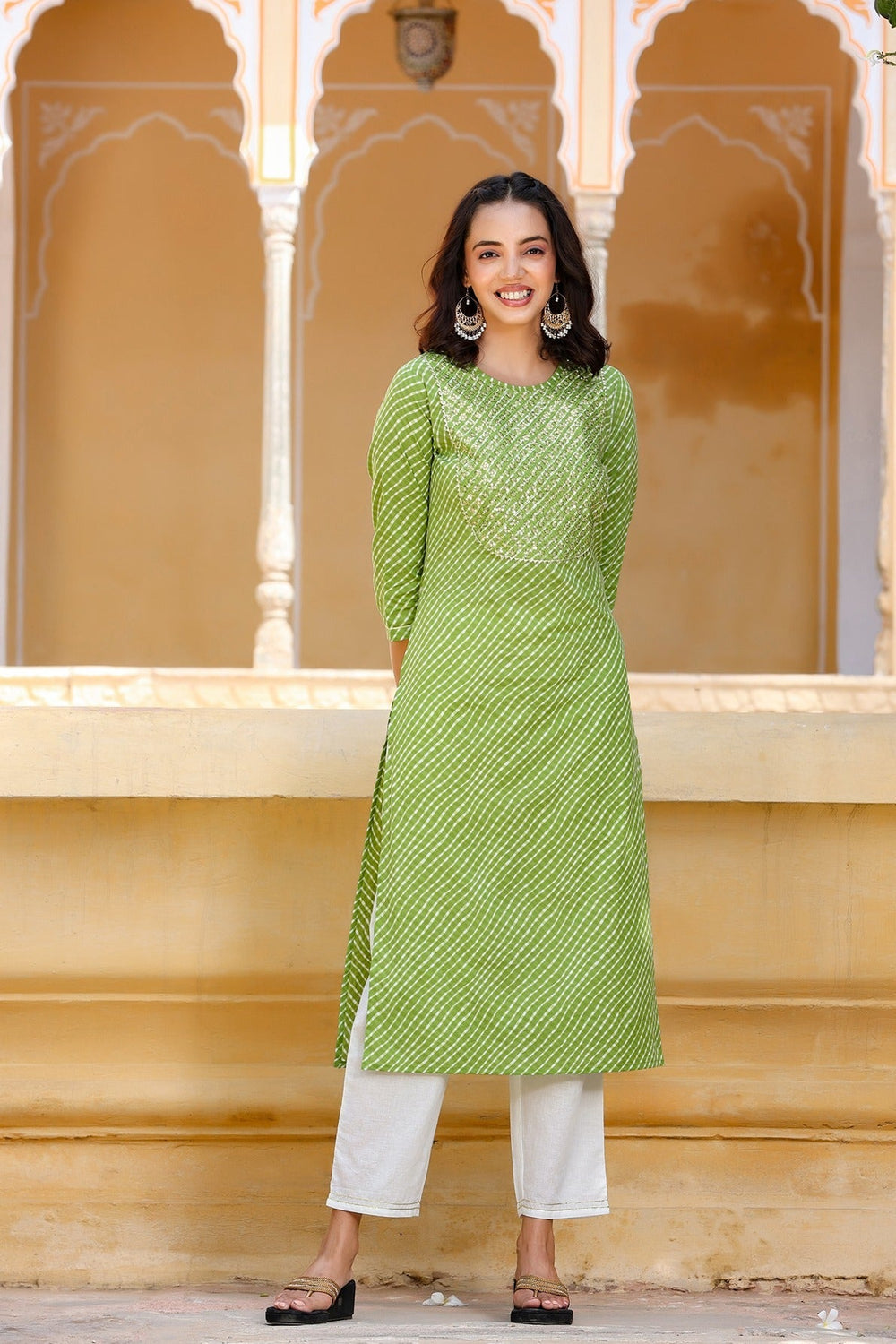 Green Lehariya Kurta Set-Yufta Store-9347SETGRS