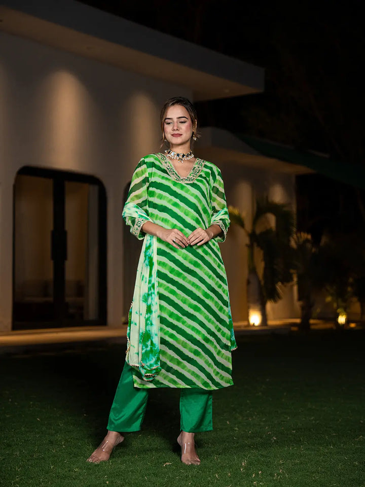 Green Leheriya Print Poly Georgette Straight Suit Set-Yufta Store-6987SKDGRS