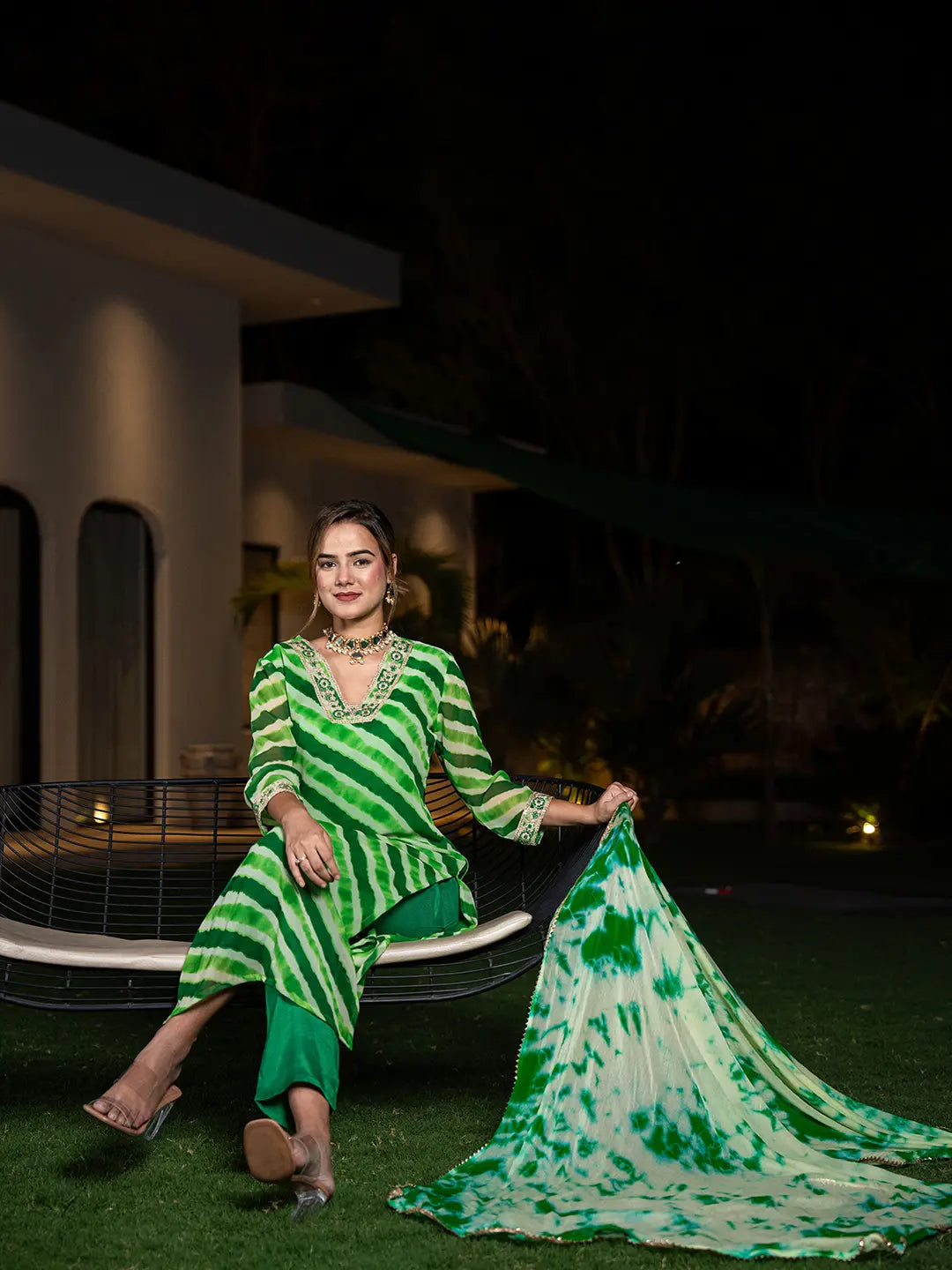 Green Leheriya Print Poly Georgette Straight Suit Set-Yufta Store-6987SKDGRS