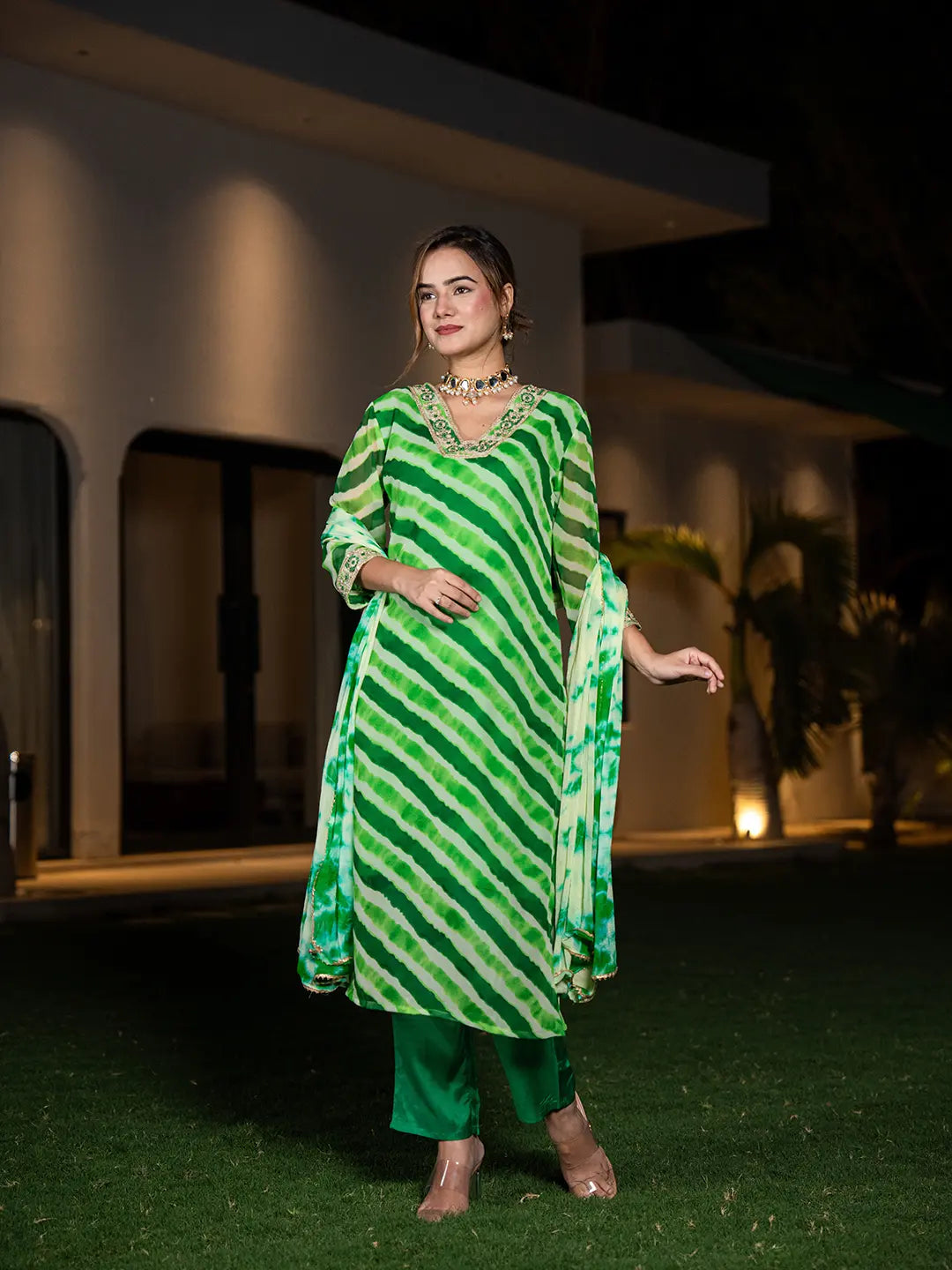 Green Leheriya Print Poly Georgette Straight Suit Set-Yufta Store-6987SKDGRS