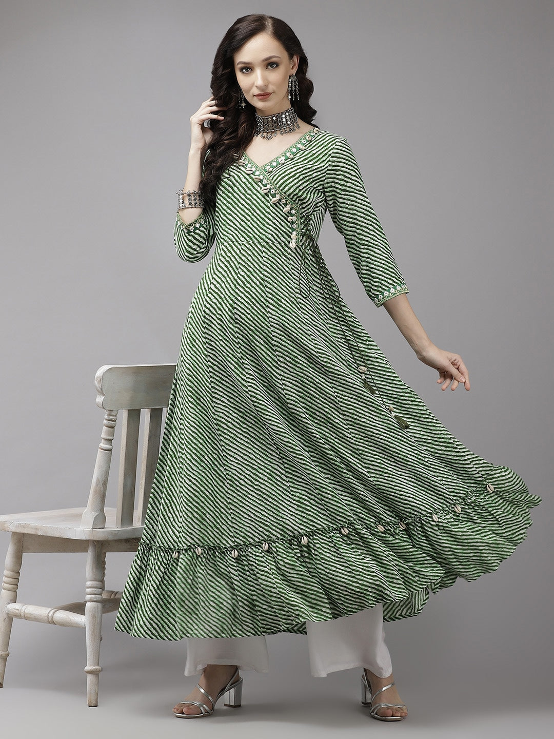 Green Leheriya Printed Dress