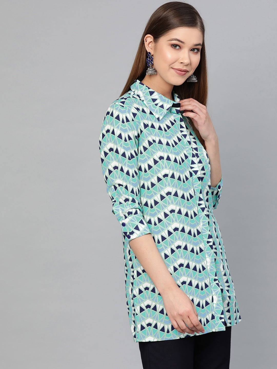 Green & Navy Blue Printed Tunic-Yufta Store-887TUNGRS