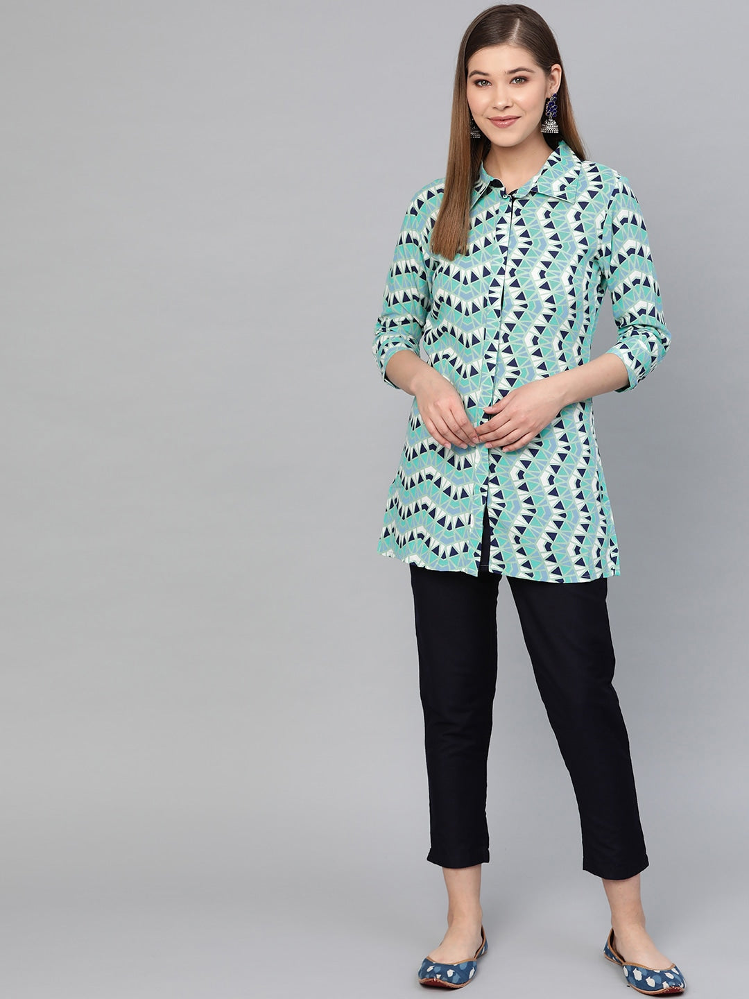 Green & Navy Blue Printed Tunic-Yufta Store-887TUNGRS