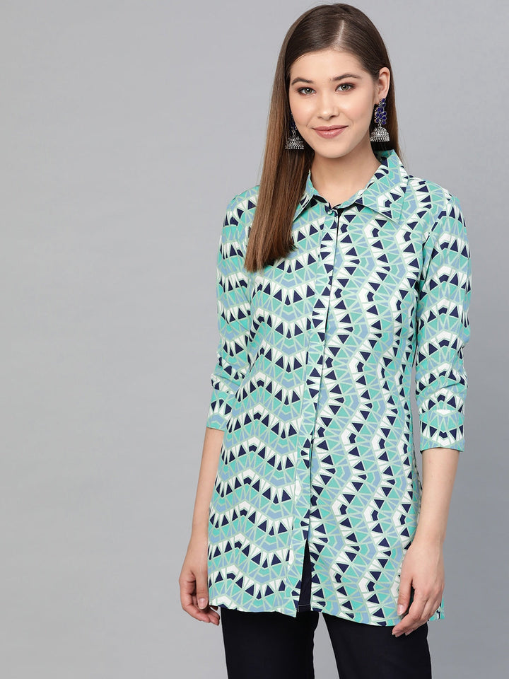 Green & Navy Blue Printed Tunic-Yufta Store-887TUNGRS