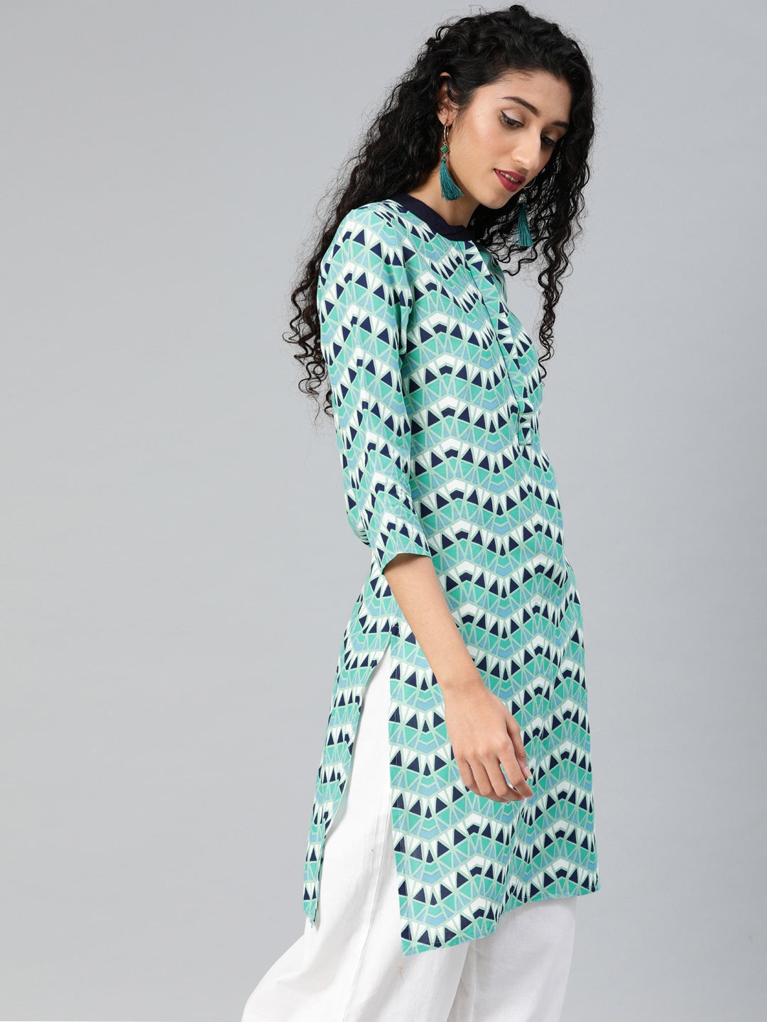 Green & Navy Blue Straight Tunic-Yufta Store-888TUNGRS