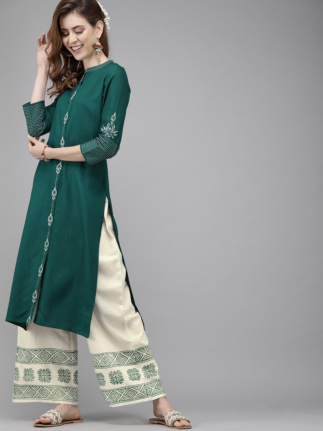 Green & Off-White Embroidered Kurta Set-Yufta Store-7332SETTGS