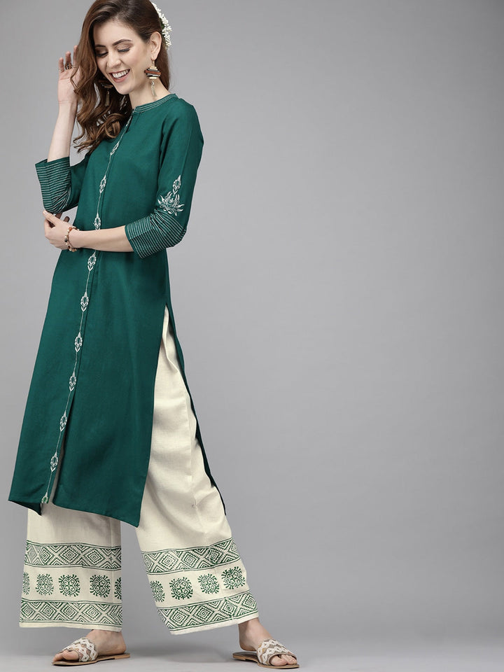 Green & Off-White Embroidered Kurta Set-Yufta Store-7332SETTGS