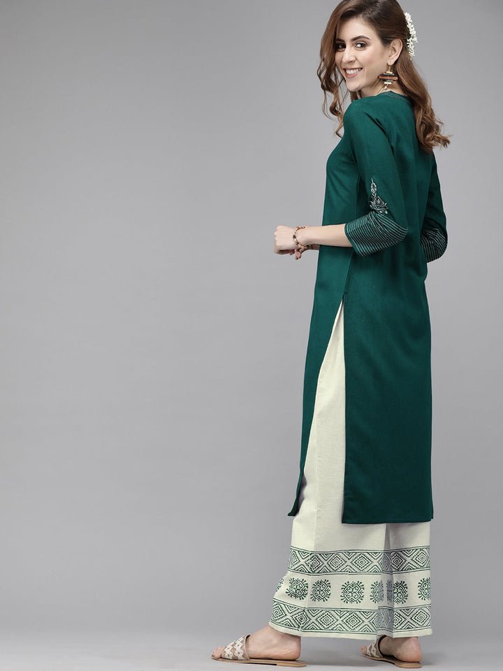 Green & Off-White Embroidered Kurta Set-Yufta Store-7332SETTGS