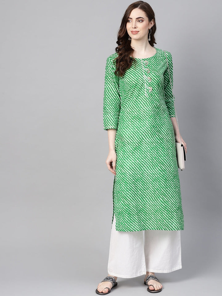 Green & Off-White Leheriya Kurta-Yufta Store-YUFEKSET636GRS