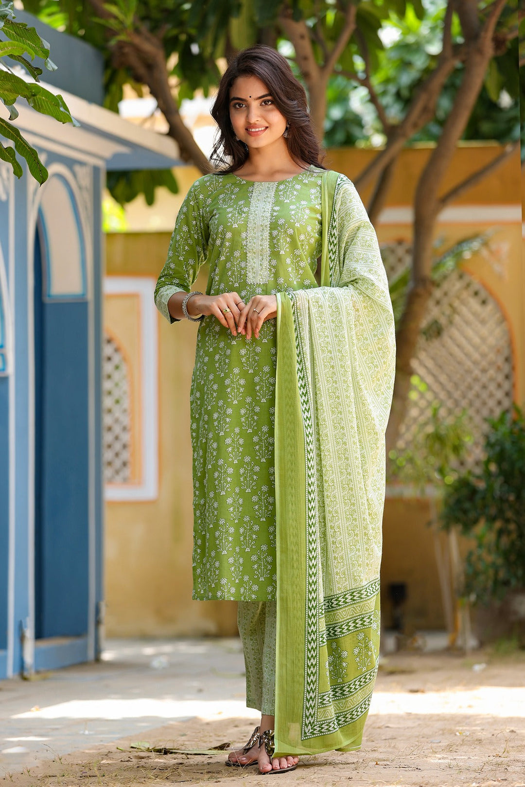 Green & Offwhite Handblock Printed Dupatta Set-Yufta Store-3702SKDGRS