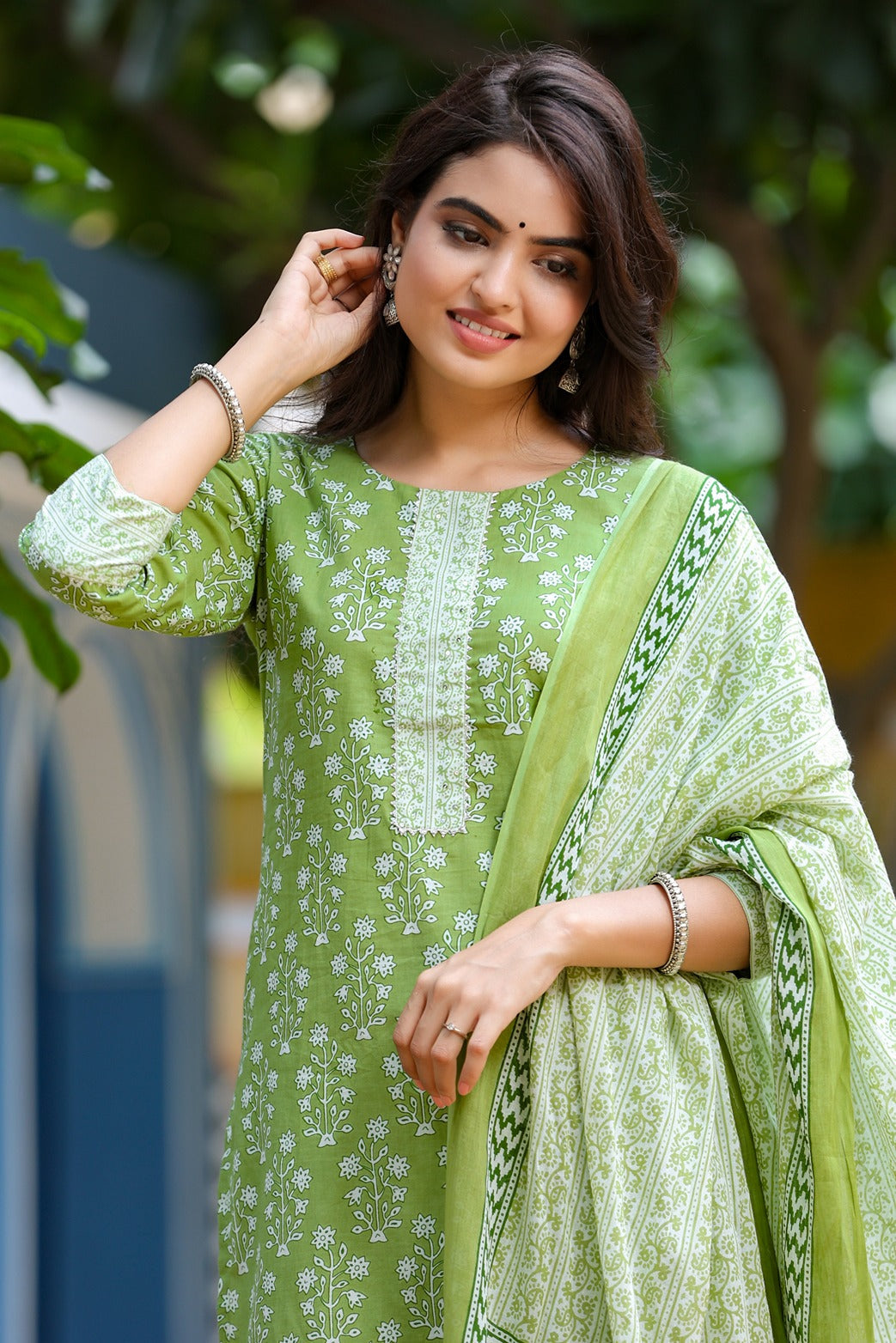 Green & Offwhite Handblock Printed Dupatta Set