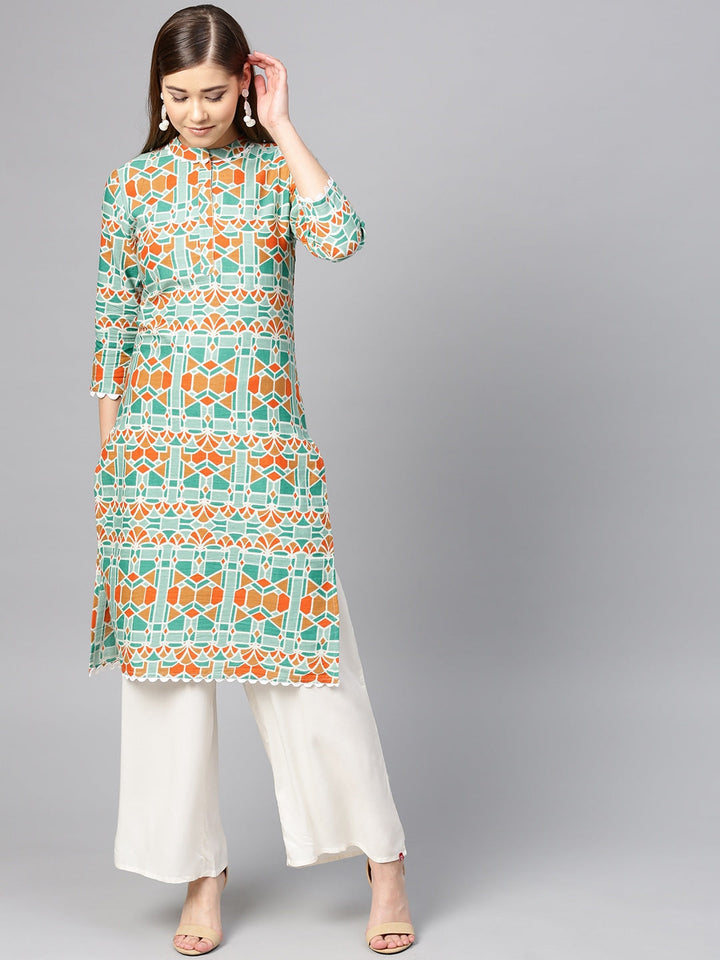 Green & Orange Straight Kurta-Yufta Store-YUFPJKU920XS