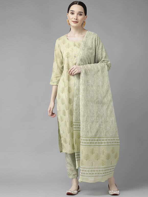 Green Print Cotton Dupatta Set-Yufta Store-4773SKDOLM