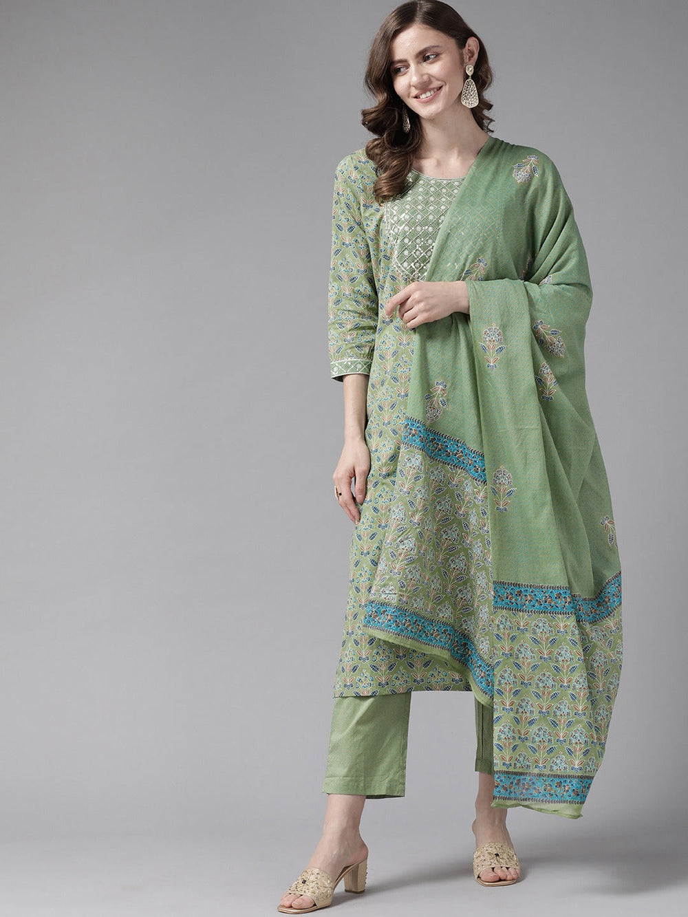 Green Printed Cotton Dupatta Set-Yufta Store-2511SKDGRM