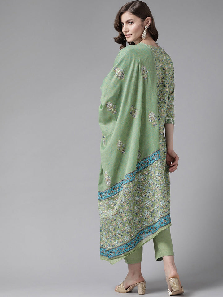 Green Printed Cotton Dupatta Set-Yufta Store-2511SKDGRM