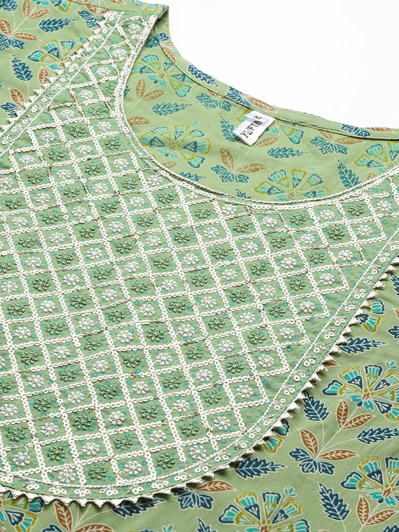 Green Printed Cotton Dupatta Set-Yufta Store-2511SKDGRM