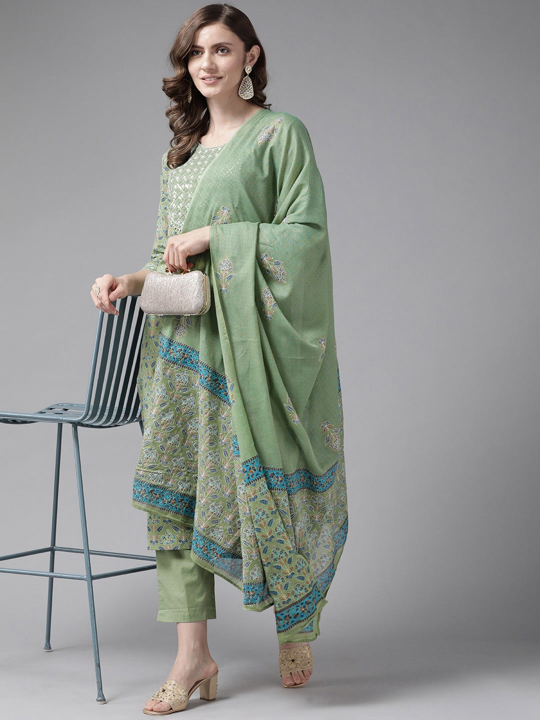 Green Printed Cotton Dupatta Set-Yufta Store-2511SKDGRM