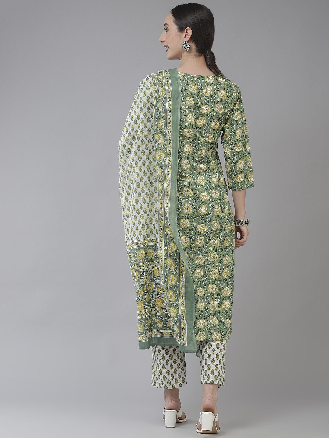 Green Printed Cotton Dupatta Set-Yufta Store-6208SKDGRS