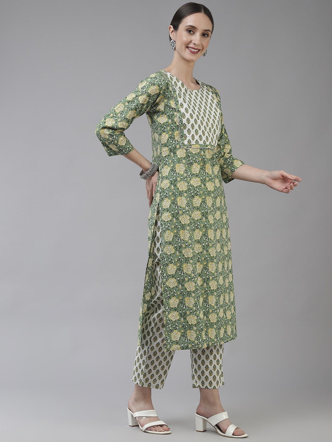 Green Printed Cotton Dupatta Set-Yufta Store-6208SKDGRS