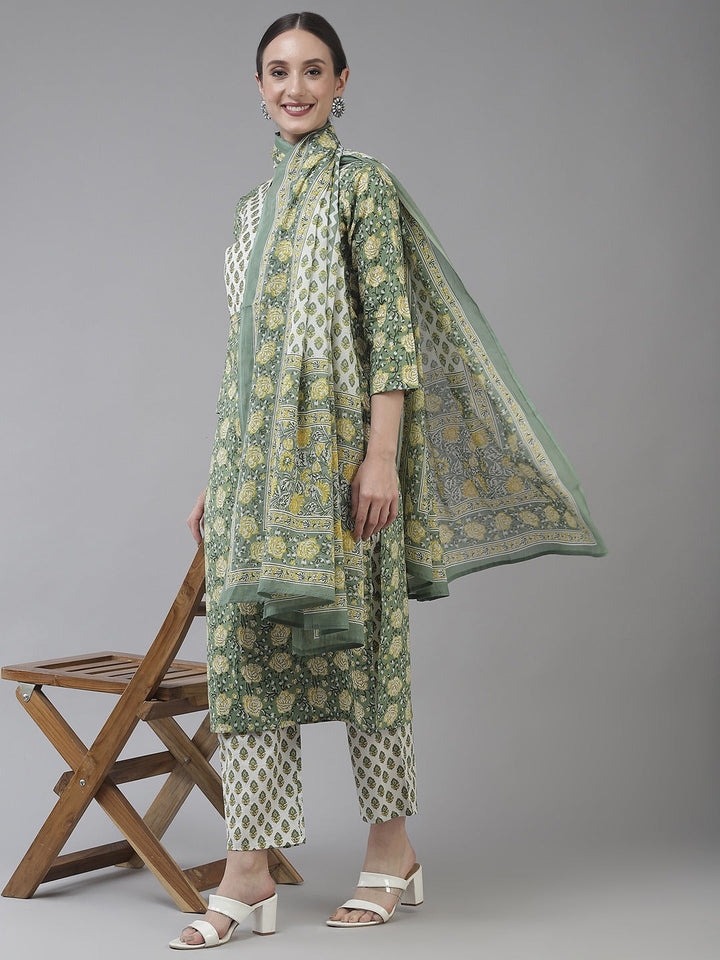 Green Printed Cotton Dupatta Set-Yufta Store-6208SKDGRS