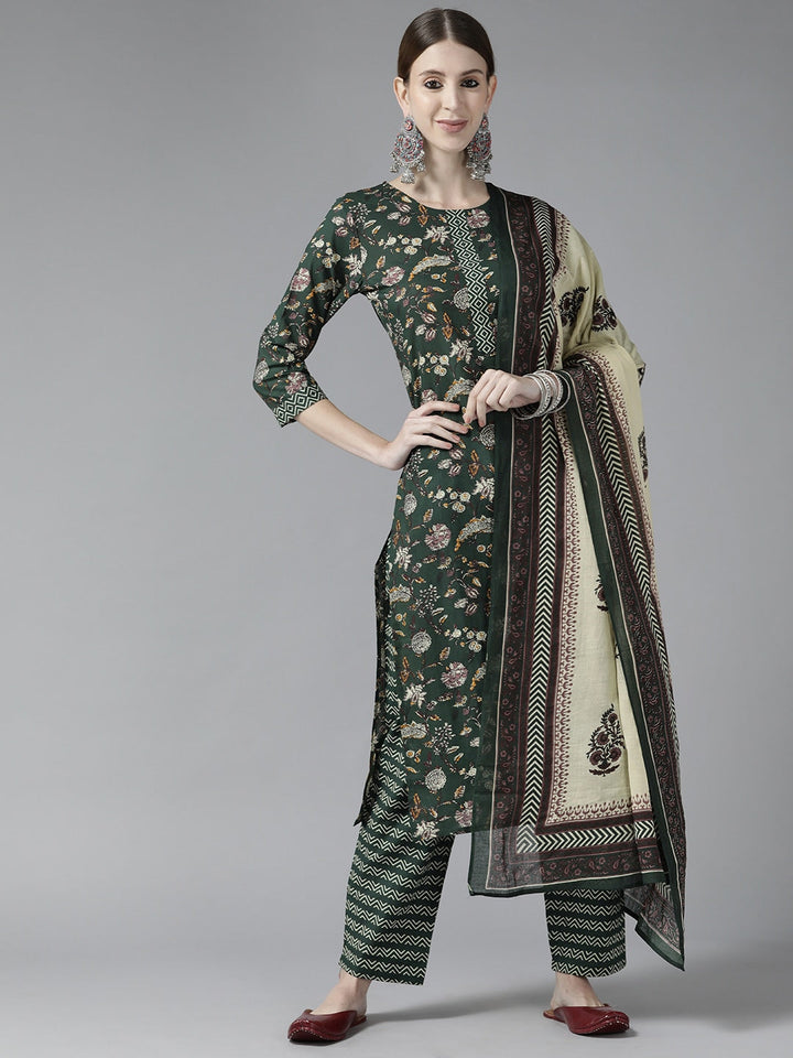 Green Printed Cotton Dupatta Set-Yufta Store-9762SKDGRS