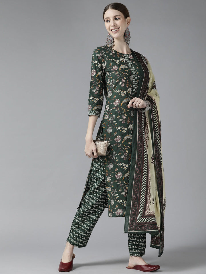 Green Printed Cotton Dupatta Set-Yufta Store-9762SKDGRS