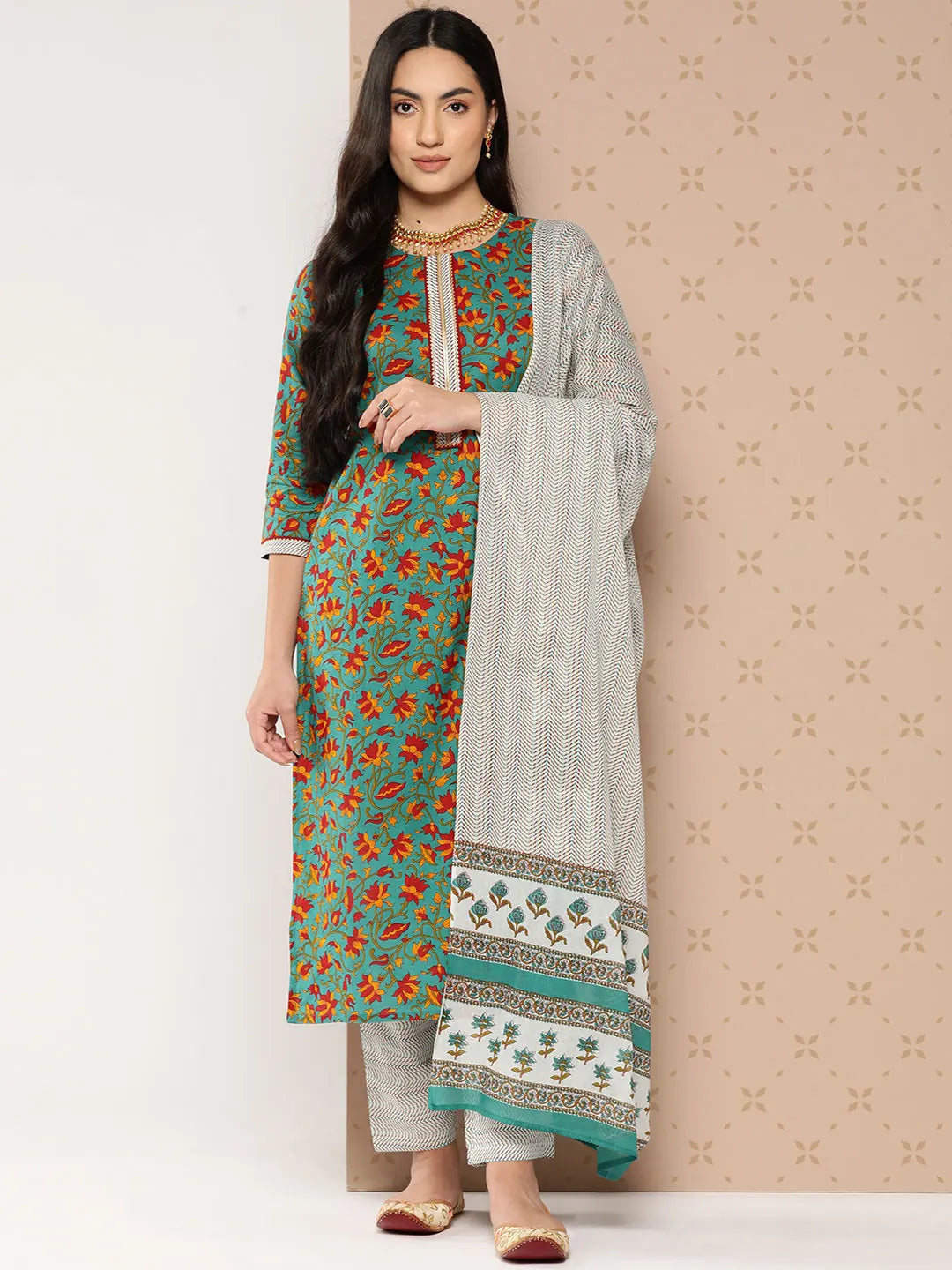 Green Printed Cotton Dupatta Set-Yufta Store-9776SKDGRS