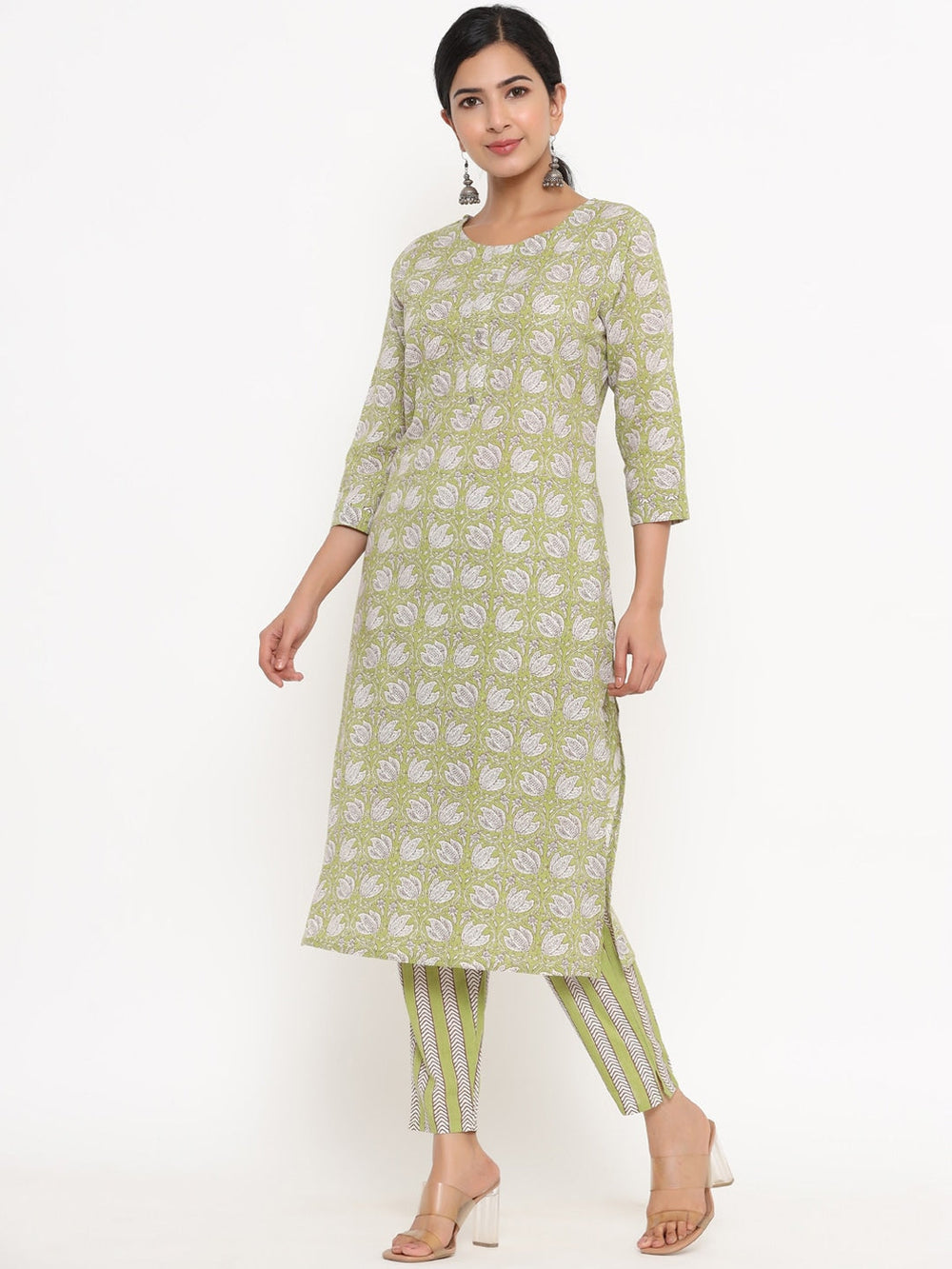 Green Printed Cotton kurta Set-Yufta Store-4753SETGRM