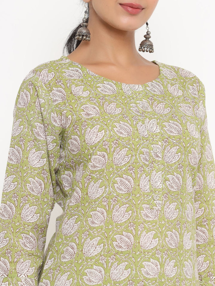 Green Printed Cotton kurta Set-Yufta Store-4753SETGRM