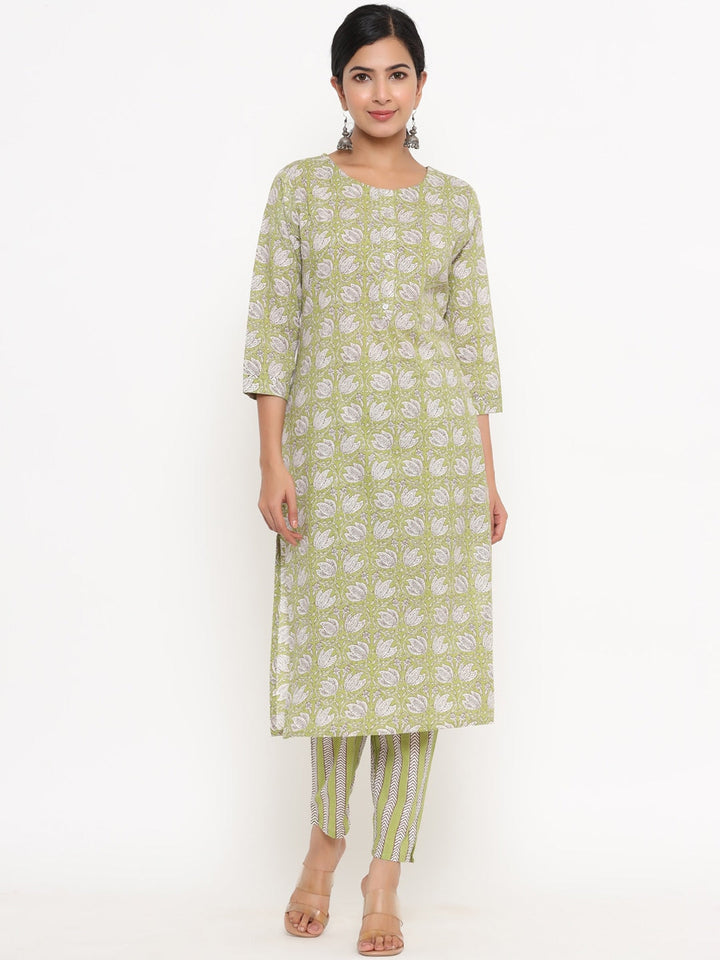 Green Printed Cotton kurta Set-Yufta Store-4753SETGRM