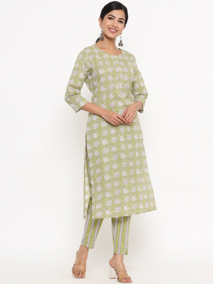 Green Printed Cotton kurta Set-Yufta Store-4753SETGRM
