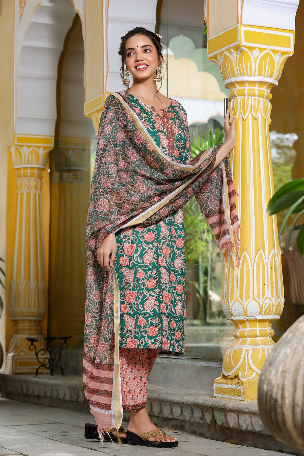 Green Printed Dupatta Set-Yufta Store-8084SKDGRS